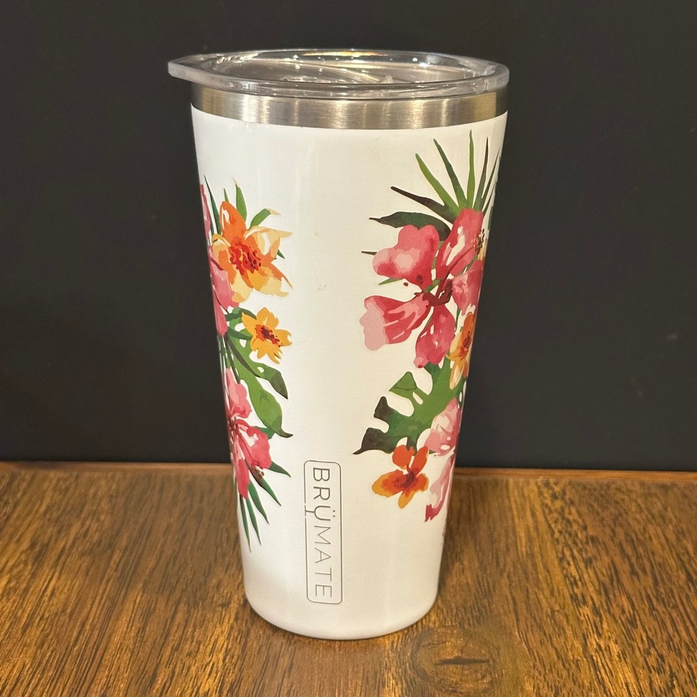 BruMate Imperial Pint 20oz Tumbler Tropical Floral Hibiscus Stainless Steel Lid